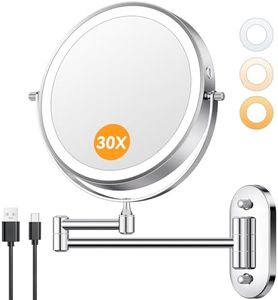 Auxmir 1X/30X Wall Mounted Makeup Mirror with Light, 8" Rechargeable Double-Sided Magnifying Mirror, Vanity Mirror Dimmable 3 Color Light, 360° Extension Rotation Foldable 14.5 Inch Arm, Chrome