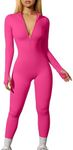 OQQ Women Yoga Jumpsuits Workout Ribbed Long Sleeve Zip Front Sport Jumpsuits Rose3