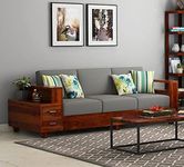 NKF CARVE® Furniture 3 Seater Sofa for Living Room | Wooden Sofa Set | Wooden Three Seater Sofa for Home & Office | Sheesham Wood, Honey Brown Finish