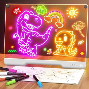 16-Inch Rechargeable LED Drawing Board, 9-Color Light Modes, Neon Art Dry Erase Light Up Doodle Glow Pad with Built-in Stand, Sketching Gift Toy for Kids/Girls/Teens, 7 Markers & Tracing Book