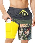 SURF CUZ Mens Swim Trunks with Compression Liner Swimming Shorts 2 in 1 Stretch Quick Dry Zipper Pockets, Forest Bloom|S