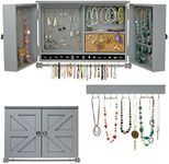 Rustic Wall Mounted Jewelry Organizer with Wooden Barndoor Decor. Jewelry holder for Necklaces, Earrings, Bracelets, Ring Holder, and Accessories. Includes hooks for hanging jewelry - Solid Gray