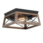 2-Light Black Trim and Wood Grain Flush Mount Ceiling Light with Bronze Wood Grainy Farmhouse Ceiling Light for Closet Hallway Entryway Vintage Industrial Cage Light