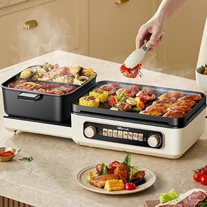 BEAR Electric Grill with Hot Pot, 2-in-1 Folding Korean BBQ Grill Indoor & Shabu Shabu Pot, Removable Hotpot & Grills, Non-Stick, Adjustable Temperature, 2100W