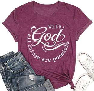 Women Tshirts with God All Things are Possible T Shirt Faith Sayings Christian Summer Jesus Graphic Tee Top Casual, Red, X-Large