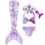 Mermaid Tails for Swimming Swimsuit Costume, Bathing Suit Princess Bikini Sets Cosplay Girls Kids (No Monofin), Purple Pink, 3-4T