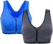 WANAYOU Women's Zip Front Sports Bra Wireless High Impact Active Yoga Sports Bras (L:Fit 32D,34B,34C,36A,36B, 2 Pack(Grey+Blue))