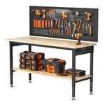 152x55 cm Heavy Duty Work Bench with Pegboard, Max Load 2000 LBS Rubberwood Tabletop, 6 Adjustable Heights with Storage Shelf, 2 in 1 Workbench for Workshop Station, Garage Workbench, Office