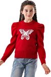 SMILING PINKER Girls Jumper Sweater Knit Butterfly Camellia Pullover Puff Sleeves Crop Top(Red,11-12 Years)