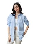 The Souled Store| Solids: Blue Stripes Womens and Girls Shirts|Full Sleeve|Loose fit Solid Stripes|100% Cotton Blue Color Women Boyfriend Shirts Women Boyfriend Shirts Fashionable Trendy Graphic