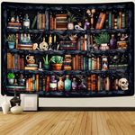 Alishomtll Vintage Bookshelf Tapestry, Books Skulls Bottles Colourful Wall Hanging, Bedroom Living Room Dormitory Tapestry Aesthetic Decorative Wall Tapestry, Black 150x130cm