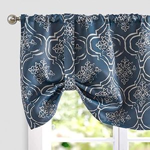 jinchan Tie Up Valance Curtain Moroccan Tile Print Valance for Kitchen Living Room Quatrefoil Blackout Valance Adjustable Thermal Insulated Tie-up Shade Window Valance 18 Inch Rod Pocket 1 Panel Blue