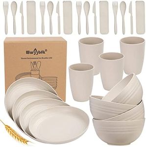 Wheat Straw Dinnerware Sets, 28PCS Unbreakable, Microwave and Dishwasher Safe Tableware Set, Lightweight Plates, Cups, Bowls, Forks (Beige, Fork)