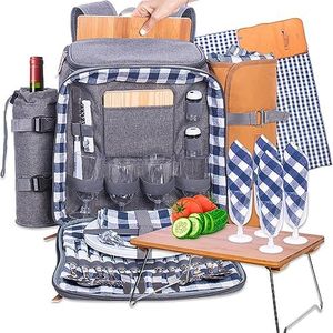 Family Picnic Backpack for 4 - Picnic Backpack for 4 with Folding Table, Insulated Cooler Compartment, Wine Holder, Waterproof Picnic Bag with Blanket and Complete Cutlery Picnic Set - Gray