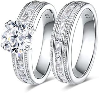 TIKJE Sterling Silver Two-in-One Wedding Band Engagement Rings Set S925 Bridal Promise Ring Eternity Band for Women 2 pc Size 6-8, Sterling Silver, Cubic Zirconia