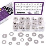 Swpeet 175Pcs 15 Sizes Large 304 Stainless Steel Penny Flat Washer Assortment Set, Including 7 Different Types for Home, Automotive and Shop Use Sizes - M3 M4 M5 M6 M8 M10 M12