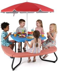 Costzon Kids Picnic Table, 8 Person Kids Outdoor Table and Chairs with Foldable & Adjustable Umbrella, 4 Built-in Benches, Toddler Outdoor Furniture for Backyard, Patio, Garden (Red)