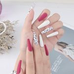 Secret Lives Reusable Artificial Press on Nails Long Matte White Pink Off-White Color with Black Giraffe Design Fake Nails 24 PCS Set with Manicure Kit