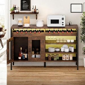 YITAHOME 55" Industrial Bar Cabinets with LED Lights, Wine Bar Cabinet with Power Outlets, Bar Table Stand for Liquor and Glasses for Living Room, Kitchen, Dining Room, Rustic Brown