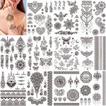 HOWAF 11 Sheets Black Temporary Tattoo Kit For Women, Mandala Flower Butterfly Indian Arabian Lace Body Art Fake Tattoos Stickers Temporary Tattoos for Women Adult Girls Hand Finger Festival Party