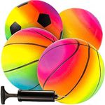 Mini Rainbow Sports Balls - 5 Inch (Pack of 4) Inflatable Vinyl Balls for Kids and Toddlers with Hand Air Pump, Neon Basketball, Soccer Ball, and Volleyball for Playground, Indoor and Outdoor Use