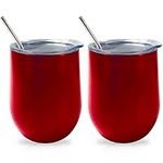 2 Pack Wine Tumbler with Lid, 12 oz Stainless Steel Stemless Wine Glasses, Double Wall Vacuum Insulated Travel Tumbler Cup for Coffee, Wine, Cocktails, Ice Cream Including 2 Straws (Red)