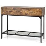 COSTWAY Console Table, Industrial Narrow Sofa Side Table Hall Desk with 2 Drawers and Open Storage Shelf, Metal Frame Wooden Behind Couch Table Accent Foyer Table for Entryway Hallway Living Room