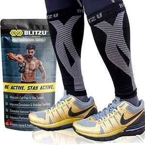 BLITZU Calf Compression Sleeves for Men and Women. Footless Compression Socks Support for Varicose Vein, Nursing, Running. Leg Sleeve Brace for Shin Splints, Pain Relief & Reduces Swelling Black L-XL