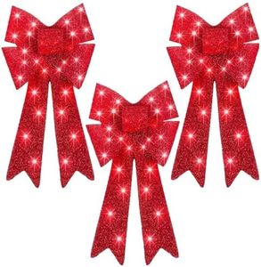 Set of 3 Red Bows Pre-Lit Christmas Bow Decoration Big LED Christmas Bows for Holiday Indoor Outdoor Home Decor w/ 30 Lights, Outdoor Battery Box,Timer, 8 Modes