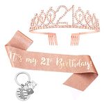 Popuppe 3pcs 21st Birthday Sash and Crown Tiara Keychain for Girls Gold 21st Birthday for Girls Keyring Glitter Sash and Rhinestone Crown