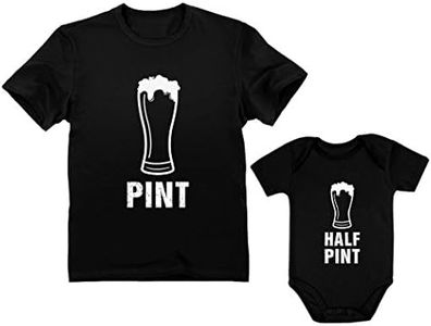 Pint & Half Pint Funny Father and Son Matching Shirts Gifts for Dads Fathers Day Dad Shirt and Baby Bodysuit, Dad Black / Baby Black