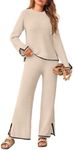 MEROKEETY Women's Fuzzy Fleece 2 Piece Lounge Sets Long Sleeve Sweater Pants Cozy Knit Pajama Set, LightKhaki, L