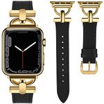 Wearlizer Compatible with Apple Watch Band 44/45/46/49/42mm Women, Dressy Leather Wristband Strap with D-Shape Metal Buckle for iWatch Bands Series 10/9/8/7/6/5/4/3/2/1/SE/Ultra/Ultra 2, Black/Gold