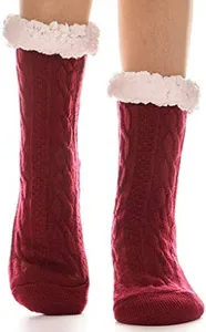 EBMORE Women Slipper Fuzzy Socks Fluffy Cozy Cabin Warm Winter Soft Thick Comfy Fleece Christmas Anti Slip Home Stocking Stuffer(Red)