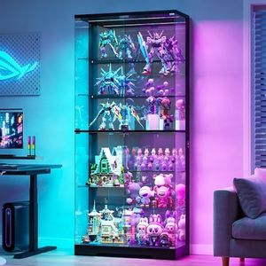 HNEBC 71” Display Cabinet with Glass Doors - Modern Curio Cabinet with RGB Lights for Collectibles, Large Tall Display Case with 10-Tier Shelf for Figures, Living Room Storage Cabinet (Black)
