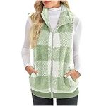 Fleece Gilet for Women UK Plaid Fur Gilet Teddy Zip Up Vest Sherpa Fluffy Waistcoat Body Warmer Lightweight Cozy Gilets Ladies Winter Warm Jacket with Pocket Fuzzy Sleeveless Coat Checked Outwear