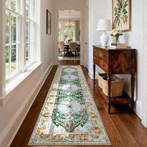 U'Artlines 3' x 12' Boho Hallway Runner Rug, Non Slip Washable Vintage Farmhouse Kitchen Rug Accent Area Carpet for Entryway Laundry and Living Room (Green)