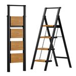 SOLADDER 4 Step Ladder with Handrails, Anti-Slip and Foldable Step Stool with Widen Pedals, Portable Stepladders for Home, Kitchen and Indoor, Space Saving -300lbs (Black&Woodgrain)