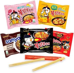 Pack de 5 Ramen Selección Top Cia&Co con Samyang Buldak Pollo Hot, Carbonara, 2X Spice, Pollo Curry y Samyang Cerdo Picante. Incluye 2 pares de palillos. Fideos instanteneos coreanos.