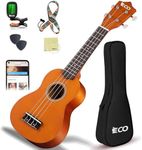 iECO Soprano Ukulele Beginner Kit for Kids Adults 21 Inch Ukelele w/Case Strap Tuner Strings Picks (Honey)