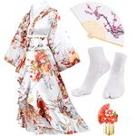 Elibelle Women's Kimono Robe Geisha Yukata Sweet Tuxedo Ruffle Dress Blossom Satin Bathrobe Sleepwear Fans Tabi Socks set, Type1-white, Plus Size(Tag 5XL)