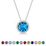 Bestyle CZ Round Diamond Necklaces 5mm December Blue Topaz Birthstone Solitaire Crystal Pendants, 925 Sterling Silver Necklace Jewelry Gift for Wedding Anniversary Birthday