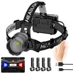 WholeFire Rechargeable LED Head Torch 20000 Lumens, Super Bright Headlamp with 3 Light Modes & Motion Sensor, 90° Adjustable & Waterproof Head Flashlight for Camping, Running, Hiking