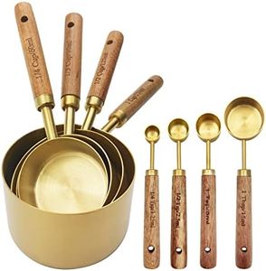 Zalaxt Gold Measuring Cups and Spoons Set with Fragrant Wood Handle, Measuring Cups, Metal Measuring Spoons and Measuring Cup Set for Cooking & Baking, Set of 8 pcs