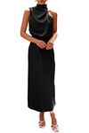 PRETTYGARDEN Women's 2024 Summer Satin Dress Elegant Sleeveless Mock Neck Cocktail Party Maxi Dresses (Black,Medium)