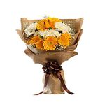 EG2i 8 Yellow Gerberas And 4 White Daisy Or Gerbera with White Gypso Or Green Fillers Wrapping With Jute and Brown Ribbon (Same Day Delivery)