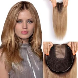 starluck 16 inch Hair Toppers for Women 7"*8" Large Base Ombre Ash Blonde Real Human Hair Topper No Bangs Hair Toppers for Women with ThinningHair Cover Grey HairRoots Add Volume