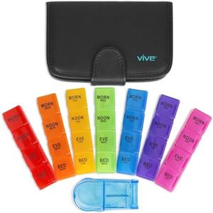 Vive Pill Organizer 3 Times A Day - Stackable 4 Times a Day Supplement & Weekly Medicine Holder - AM PM Dispenser Case with Splitter Cutter - Portable Daily Vitamin Container - 30 Days Travel Calendar