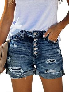 Angerella Women's Ripped Denim Jean Shorts High Waisted Stretchy Folded Hem Short Jeans Navy,M