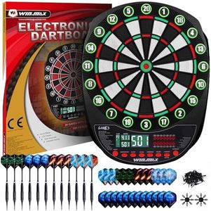 WIN.MAX Electronic Dart Board Soft Tip Dartboard Set LED Displays 3 Languges with 12 Darts 100 Tips Power